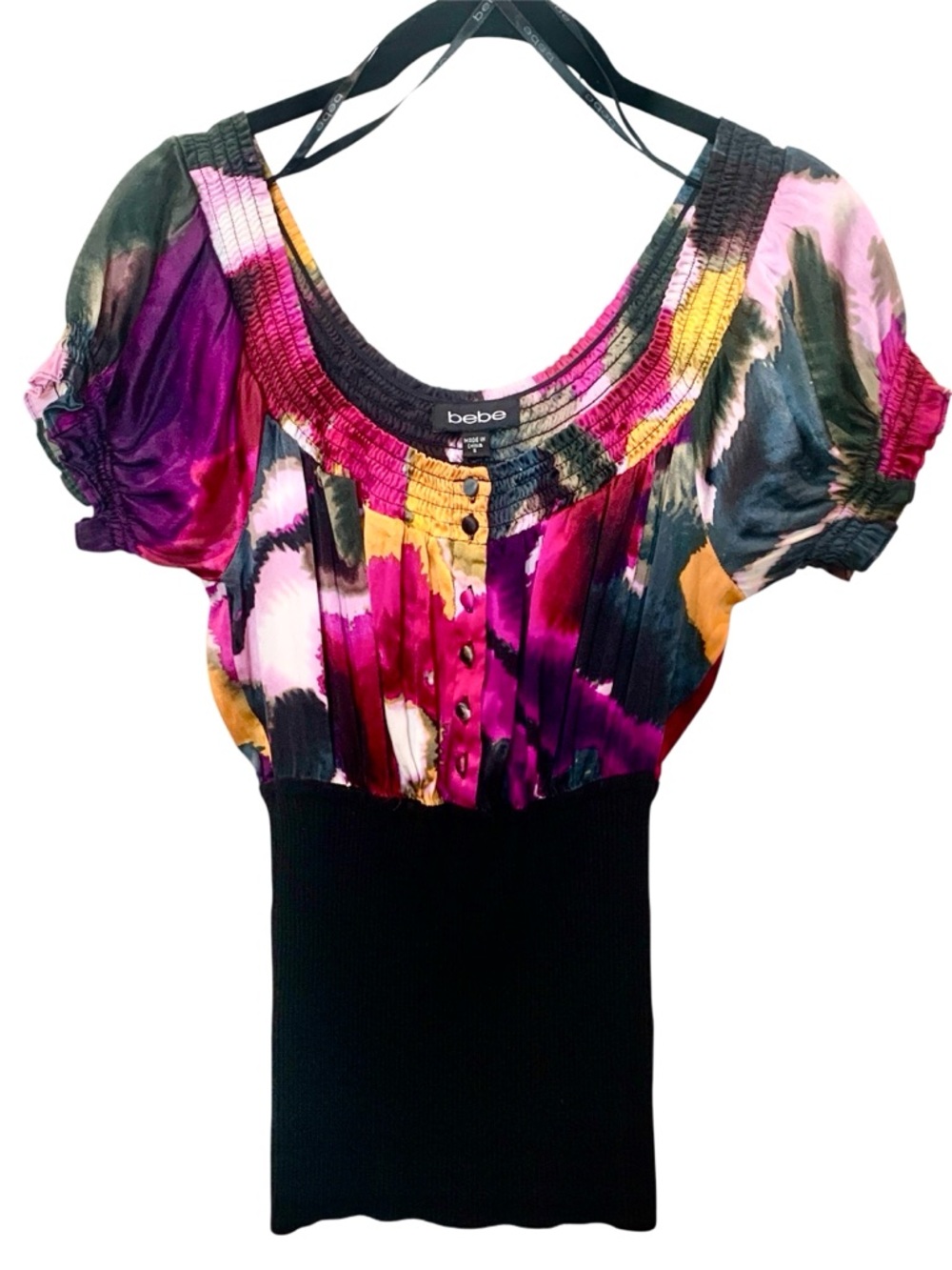 Bebe Womens Black Bright Watercolors Silk Top Puffed Sleeve Top Fitted Waist SM